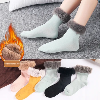 1 זוג נשים חורף מוצק צבע עבה חם לנשימה בינוני גרבי כותנה רך שלג רכות הרצפה גרביים עם פרווה בקצוות