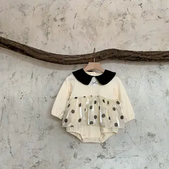 2023 אביב סתיו התינוק הנולד הילדה Romper כותנה שרוול ארוך צווארון פיטר פן תינוק ילדה בגד גוף הפעוט בנות תלבושות