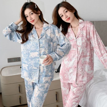 2023 אביב שרוול ארוך משי סאטן הדפס סטים של פיג 'מה עבור נשים קוריאני חופשי הלבשת לילה פיג' מה Homewear Pijama Mujer הבגדים הביתה