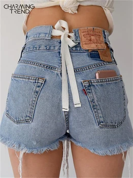 Charmingtrend קיץ מכנסי ג 'ינס קצרים נשים אופנה וינטג' תפירת חגורה גבוהה waisted מכנסיים קצרים כיסי הג ' ינס לנשים ומכנסיים כחולים