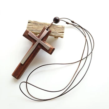 Cottvott מתכוונן עור חבל שרשרת שכבה כפולה עץ מתכת תליון צלב שרשרת התפילה בכנסייה תכשיטים האמונה הנוצרית מתנה
