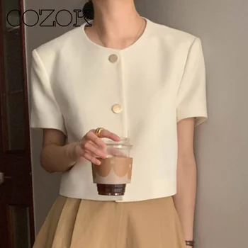 COZOK קוריאנית Chic ניחוח סגנון לבוש 2023 הקיץ O-צוואר יחיד עם חזה חופשי מזדמן תכליתי פאף שרוול קצר ג ' קט