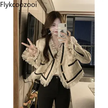 Flykcoozooi תכונות חדשות של מעילים & מעילי V-צוואר מודפס וחוטי ציציות של נשים האביב מעיל קוריאני אופנה וינטג ' מעיל מקסימום