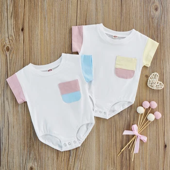 FOCUSNORM 0-18M תינוק בייבי בנות בנים רומפר בגדים 2 צבעים טלאים שרוול קצר כיס כפתור סרבלים