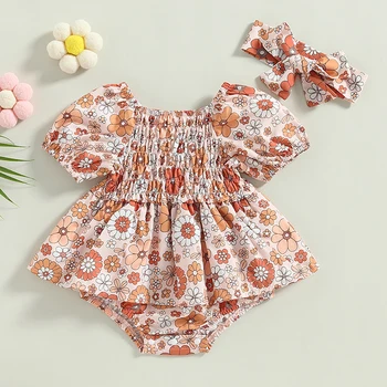 FOCUSNORM 2pcs בנות תינוק חמוד רומפר סרט שרוול קצר את כתף קפלים פרח הדפסה שמלה כתומה 0-24M
