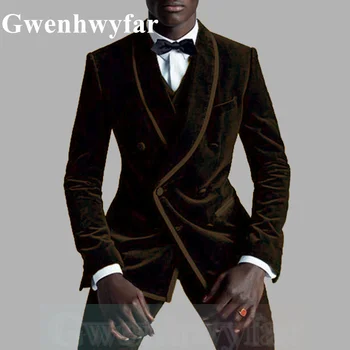 Gwenhwyfar 2021 סתיו סגנון חדש של גברים מזדמנים Brwon 3 חלקים קטיפה החליפה של החתן בגדי גברים (מעיל, אפודה, מכנסיים)