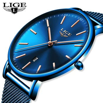 LIGE Mens שעונים העליון מותג יוקרתי עמיד למים Ultra דק שעון כחול רשת החגורה Fashon מזדמן קוורץ שעון גברים שעון יד ספורט