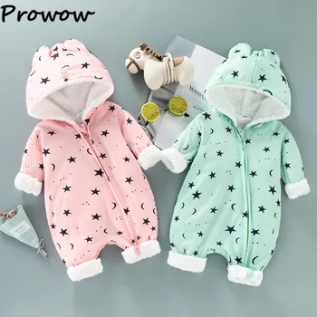 Prowow 0-18M התינוק בחורף Rompers עבור בנים בנות כוכבים ירח הדפסה צמר כתומה עם ברדס סרבל חם לתינוק הנולד בגדים