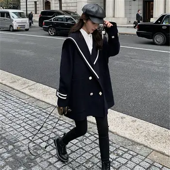 Xgoth נשים אביזרי מעיל סתיו חורף 2023 אופנה קוריאנית JK סגנון שחור ולבן המעיל אחוי רופף עם ברדס סגנון צמר מעיל