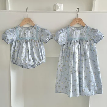 בגדי ילדים בנות שמלת הקיץ שרוול קצר פרחוני תינוק להתלבש התינוק פרחוני תחרה אופנה רומפר מטפס 2023