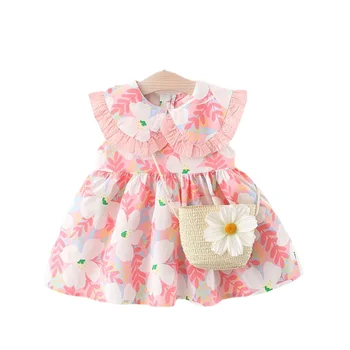 בייבי בנות שמלת הקיץ החוף סגנון פרחוני מודפס צווארון כותנה אפוד שמלת 1-4 שנים ביבי פעוטות בנות יומי בחינם בשקית מתנה