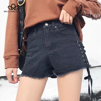 בלה פילוסופיה 2018 חדש האביב נשים מוצק קצרים חופשי בציר גבוהה המותניים שחור מכנסיים קצרים לצד קרוס לקשור אופנה ג ' ינס קצרים.