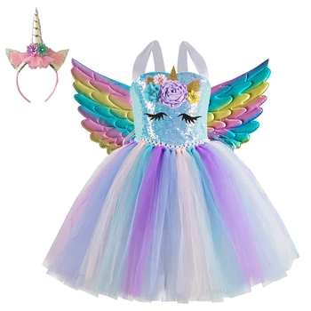 בנות קרן פרח שמלה עם סרט כנפיים תלבושות ילדה חג המולד Cosplay נצנצים על שמלת נסיכת מסיבת יום הולדת לילדים בגדים