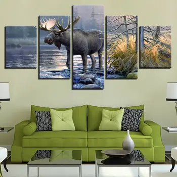 בעלי חיים צבי גדול השקיעה אגם יער הדפסי בד ציור קיר אמנות עיצוב HD להדפיס תמונות עיצוב הבית לא ממוסגר
