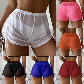 בקיץ מכנסיים קצרים שקוף שרוך צד כיסוי גבוה המותניים מכנסיים קצרים החוף בגדי ים נשים רשת קצרים.
