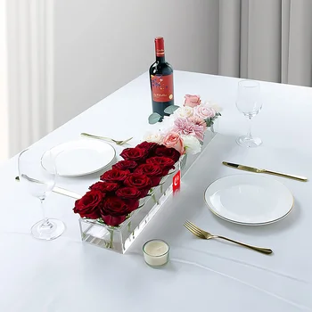ברור מלבני אקריליק אגרטל עם אור חתונה ארוחת ערב שולחן פרחוני המרכזי Morden נמוך אגרטל פרחים לשולחן בית קישוט