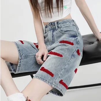 האמריקאי רקמה רחב ג ' ינס רגל הנשים של הקיץ גבוהה המותניים Loosedraping הגיוני לגרור רגל ישרה קצרים.