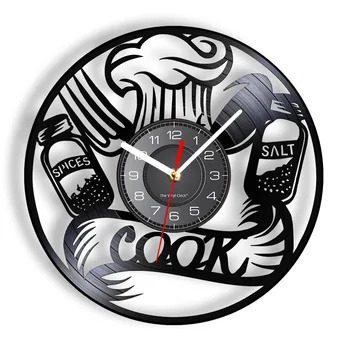 המטבח נושא שעון קיר עשוי אמיתי התקליט ויניל שף כובע שולחן תיבול בציר חיתוך לייזר Longplay קיר שעון לבשל מתנה