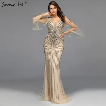 זהב V-צוואר חרוזים נצנצים הנשף Dressese ארוך שרוולים בתולת ים יוקרה שמלות לנשף עיצוב 2023 שלווה היל BLA70150