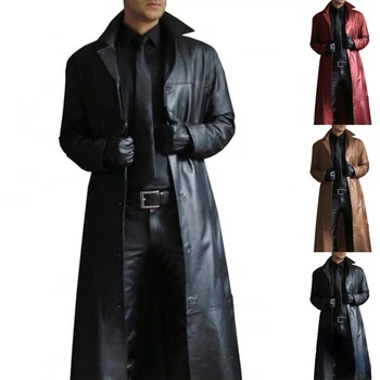 חדש מעילי גשם מעילי גברים גברים מוצק צבע המעיל Slim Fit עור Overwear עסקי מזדמן מעיל עור ארוך.