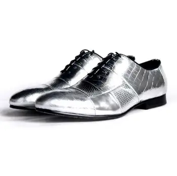 חדש עור אמיתי ונועלים נעליים מזדמנים עבור גברים אוקספורד אופנה בעבודת יד מכסף גברים נעליים