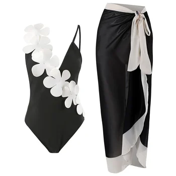 חתיכה אחת בגדי נשים, בגדי ים 2023 חדש שחור מוצק פרע V-צוואר Monokini בגד ים נשי לכסות חוף ללבוש חצאיות