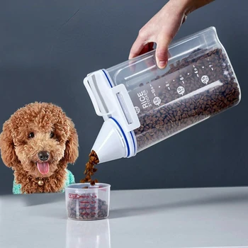 כלב חתול מזון דלי פלסטיק, מיכל אחסון עם כוס מדידה המיכל עמיד אטום צנצנת ציוד לחיות מחמד אביזרים