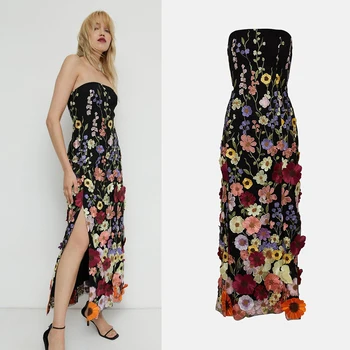 מונו פריחת Bodycon הנשף שמלות בהזמנה אישית Wemen 3D פרחים סטרפלס גבוהה פיצול מצויד הנשף Midi סלבריטאים שמלת ערב