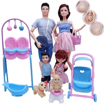 משפחה מאושרת בובות להגדיר נשים בהריון בובה אמא אבא קן&אשתו בובה עגלה למיטה אביזרים להעמיד פנים לשחק צעצועים עבור בנות