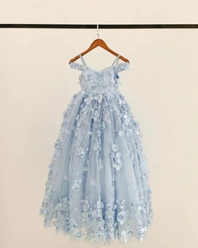נסיכה כחולה בנות תחרות שמלות לצילומים פרחוני יוקרה ילדים יום הולדת נשף שמלת מסיבת ילדים החתונה השמלה Bridemaid
