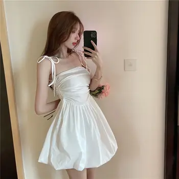 נשים שמלה קוריאנית בקיץ 2022 אופנה פרחוני הדפסה קו קצר השרוול גבוה המותניים המסיבה הכי אלגנטי תחרה קפלים שמלות לבנות