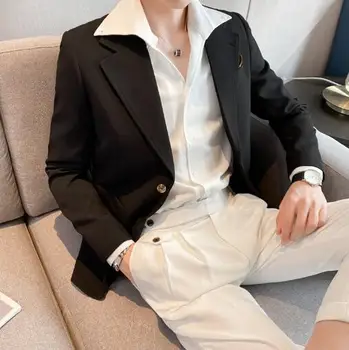 סגנון חדש של גברים מוצק צבע מקרית Slim Fit החליפה אחת עם חזה כותנה החליפה מעיל ז ' קט ABB43