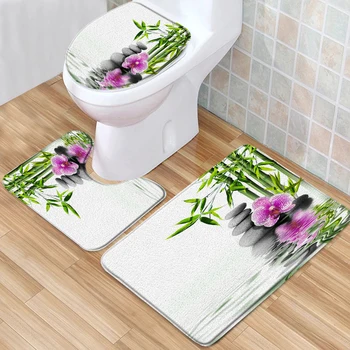 סט של 3 זן שירותים שטיחים פרחים ירוק במבוק אבן טבע נוף נמוך ערימה זיכרון קצף אמבט מזרן כיסוי האסלה בצורת U השטיח