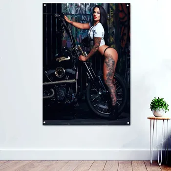 סיכת על סקסית רוכבת בנות אופנוע אמנות קיר שטיח דגל באנרים, פוסטרים הדפסים פאב מועדון מערת אדם בר המוסך קיר בעיצוב הציור