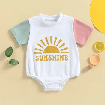 קיץ נפלא התינוק הנולד בנות Rompers בגדי השמש מכתב הדפסה O-צוואר שרוול קצר טלאים צבע סרבלים Playsuits