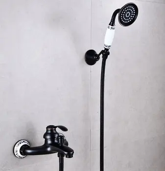 שחור עתיק רטרו מגולף חדר מקלחת ברז פליז יוקרה מקלחת להגדיר עם היד מקלחת אמבטיה קריין מיקסרים ברזים