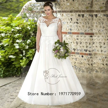 שנהב בתוספת גודל שמלות חתונה עבור נשים נישואין קו שרוול קצר טול רך אלגנטי סקופ שמלות כלה עם תחרה קיץ